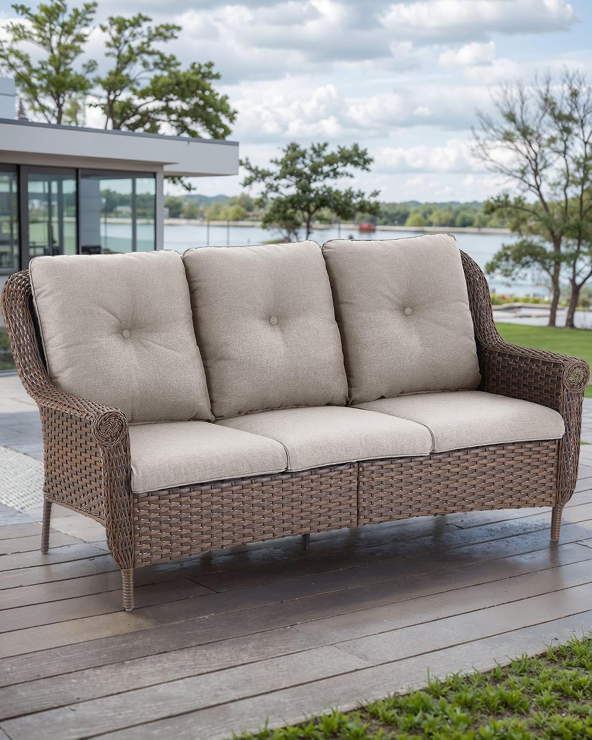 Patio Couch Outdoor Wicker Sofa - Heavy Duty All-Weather Brown Rattan 3-Seater with High Back and Comfortable Thick Cushions for Garden Back Porch Poolside Apartment - Beige