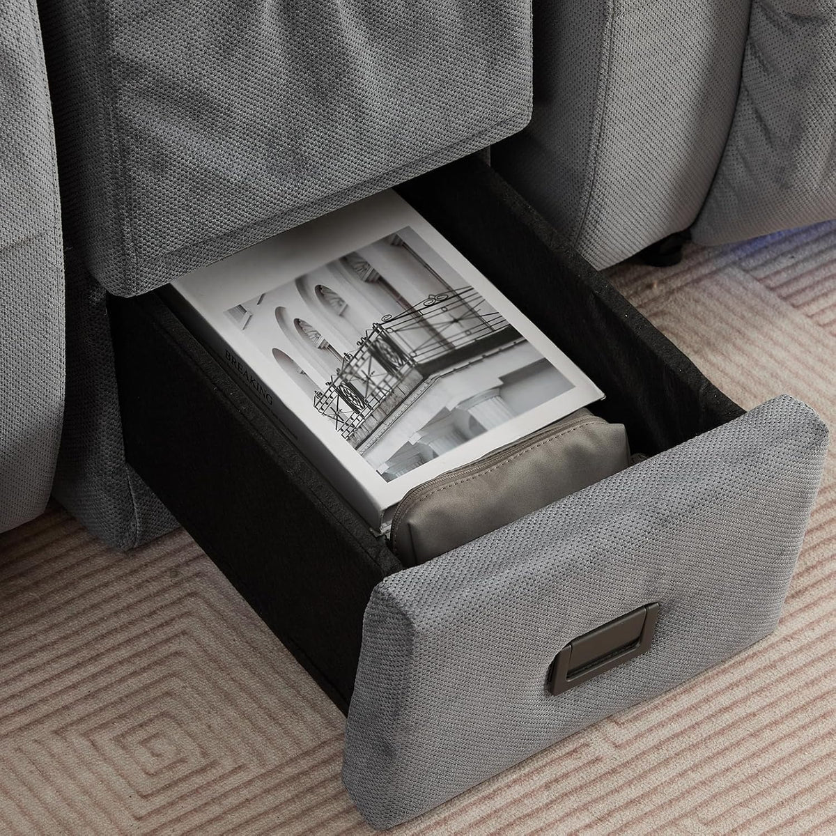 Center Console for Recliner, Fuctional Sofa Side Table with Storage Drawers, Gray Sofa Console Table with Dual Charging Ports, End Table (Linen, Gray)