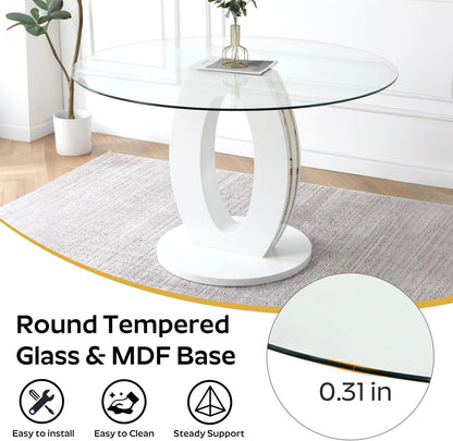 RGZ 39'' Modern Luxury Clear Glass Round Dining Table for 4-6, Glass Circle Top Kitchen Table with Elegant Gold Decorative Strips & White Base, Small Apartment Dinner Table for Home, Living Room