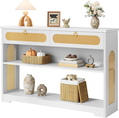 Hoctieon Rattan Console Table with 2 Drawers, 3-Tier Boho Woven Entryway Table with Back Panel and Open Storage Shelf, 40" Wood Narrow Long Sofa Tables for Hallway, Foyer, Living Room, White