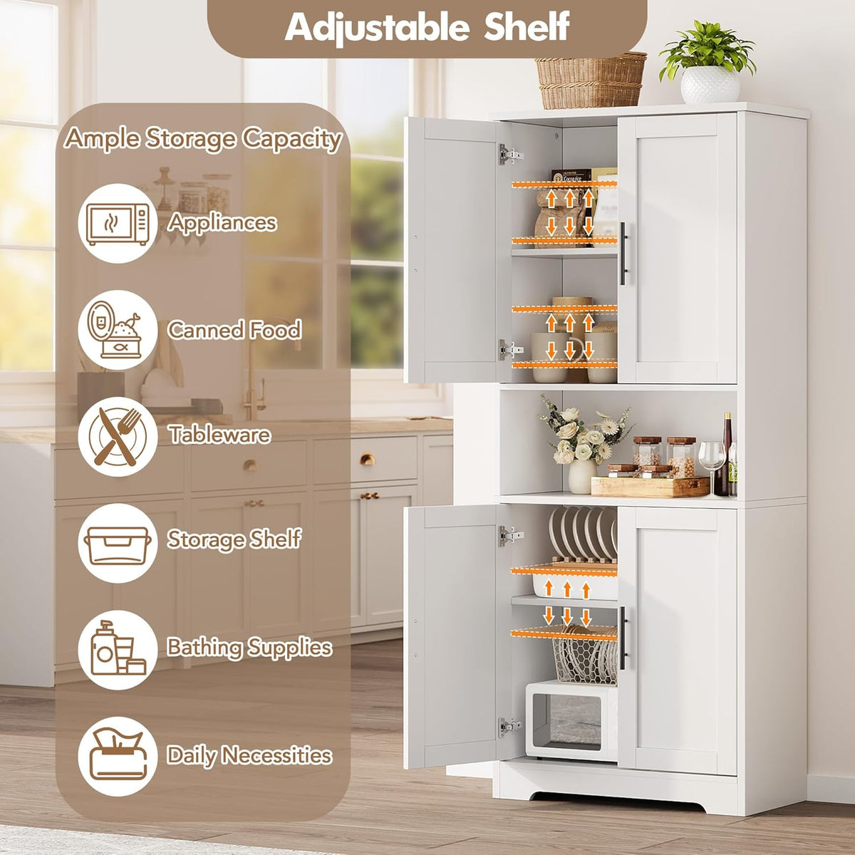 Kitchen Pantry Cabinet, 70in Tall White Storage Cupboard with Doors and Adjustable Shelves, Freestanding Stand Alone Wood Furniture Hutch for Living Room, Bathroom, Home Organization