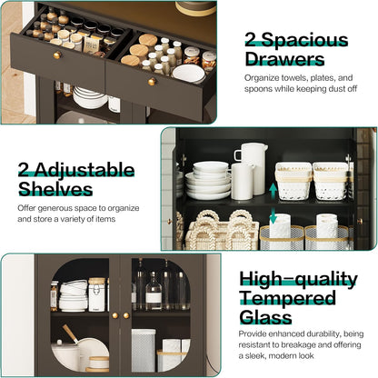 72" Black Kitchen Pantry Cabinet with Lights and Charging Station, Tall Hutch Storage Cabinet Coffee Bar Cabinet with Microwave Shelf for Dining Room