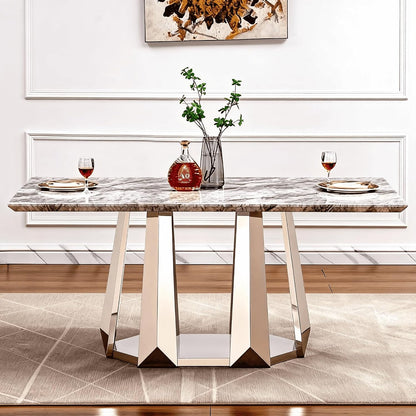 70" Rectangle Faux Marble Luxury Grey Dining Table for 6-8 People, Modern Large Kitchen Table with Silver Mirrored Stainless Steel Leg Base, Dining Table for Dining/Living Room, Office (One Table)