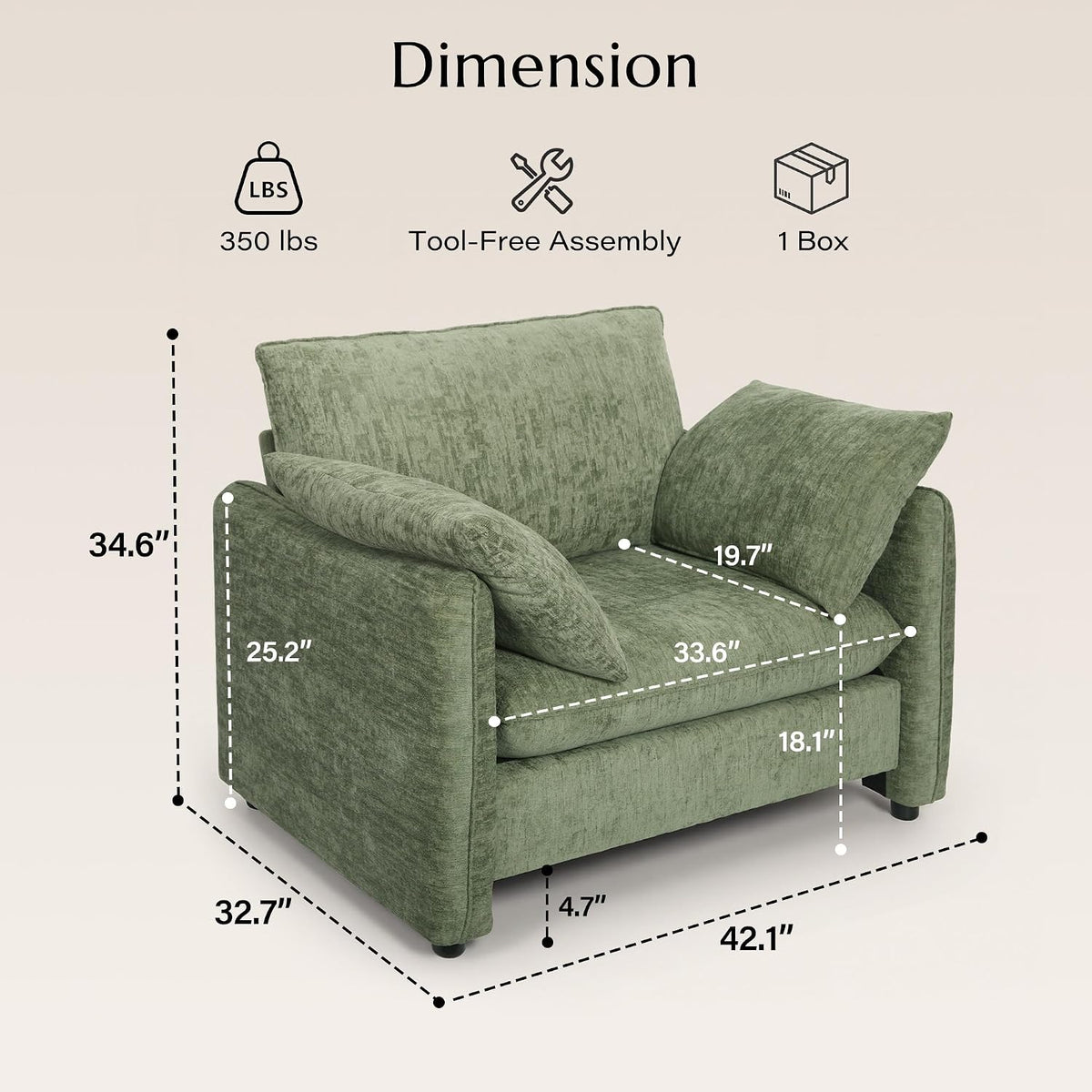Elegant Oversized Accent Reading Armchairs Set of 2, 42.1", Chenille, Green | Modern Upholstered Piping Single Chair with Cushion Backrest and 2 Pillows for Bedroom, Office, Reception Area