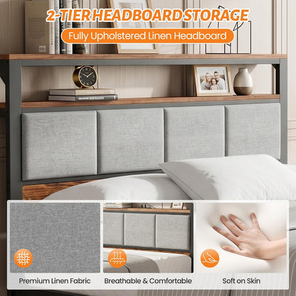 Queen Bed Frame with 2 Storage Drawers & Charging Station, Headboard, Grey