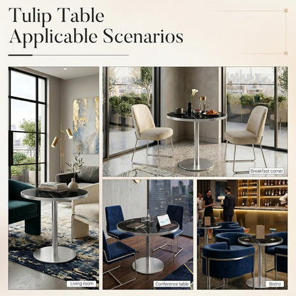 31.5" Tulip Table, Small Round Dining Table with 1.2" Thick Sintered Stone Tabletop and Silver Metal Pedestal Base, Bistro Table for Diner, Restaurant, Café, Bakery, Apartment (Marble Black Silver)