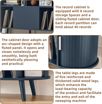 LELELINKY Extra Large Round Record Player Stand with Charging Station | Mid Century Modern Fluted Turntable Cabinet,Vinyl Storage, Arched Wood Record Player Table for Living Room,Blue