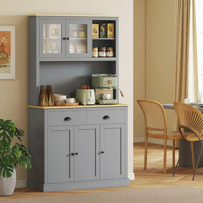 71-inch Height Kitchen Pantry, freestanding with Reversible Adjustable Shelves Three Heights, Wide countertop Cable Access, Gray and Yellow Oak Finish