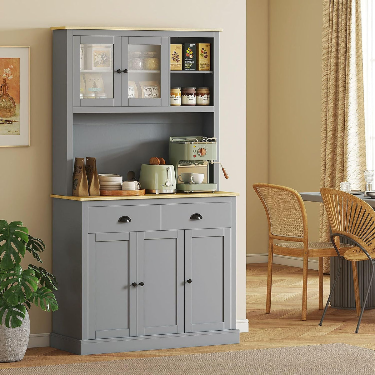 Pantry Cabinet 71-inch freestanding, Four Adjustable Shelves at Three Positions, Wide countertop Cable Hole, Gray and Yellow Oak Design
