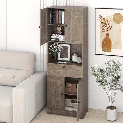 GOFLAME 67.5" Tall Pantry Cabinet, Freestanding Kitchen Pantry Cupboard with 4 Doors, 1 Drawer, & Open Compartment, Floor Storage Cabinet with Adjustable Shelf for Bathroom, Living Room (Gray Oak)