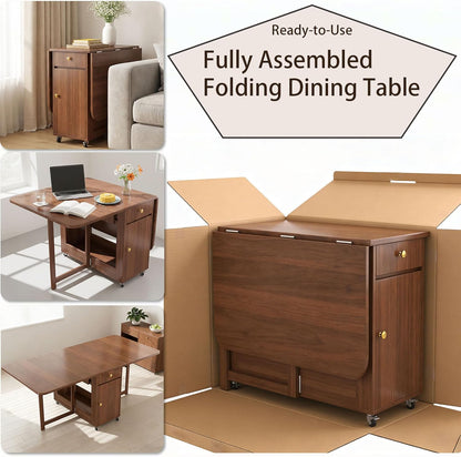 Extendable Drop Leaf Folding Dining Table with 2 Hidden Storage Drawers and 4 Wheels, No Assembly Required Space Saving Table for Small Spaces, Living Room & Kitchen (59.06 inch Table & 8 Chairs)