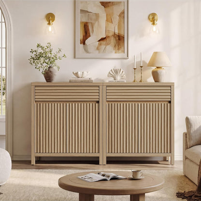 SICOTAS 58" Fluted Buffet Cabinet with Storage, Modern Farmhouse Sideboard with 4 Doors, 2 Drawers & Adjustable Shelves, Sturdy Credenza for Kitchen, Living Room & Entryway, Reclaimed Light Oak
