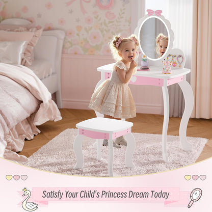 MU Kids Vanity Set with Lighted Mirror and Stool, Kids Makeup Vanity Desk with Storage Space, Bow Pattern for Girls, Toddler Princess Makeup Dressing Table with Chair Set, White