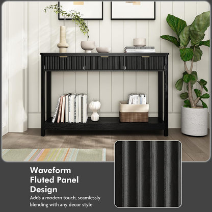 HOKYHOKY Fluted Console Table with Drawers, Modern 47.1" Entryway Table with Storage Shelf, Boho Narrow Skinny Behind Couch Wood Sofa Table for Living Room Hallway Entrance Foyer, Black
