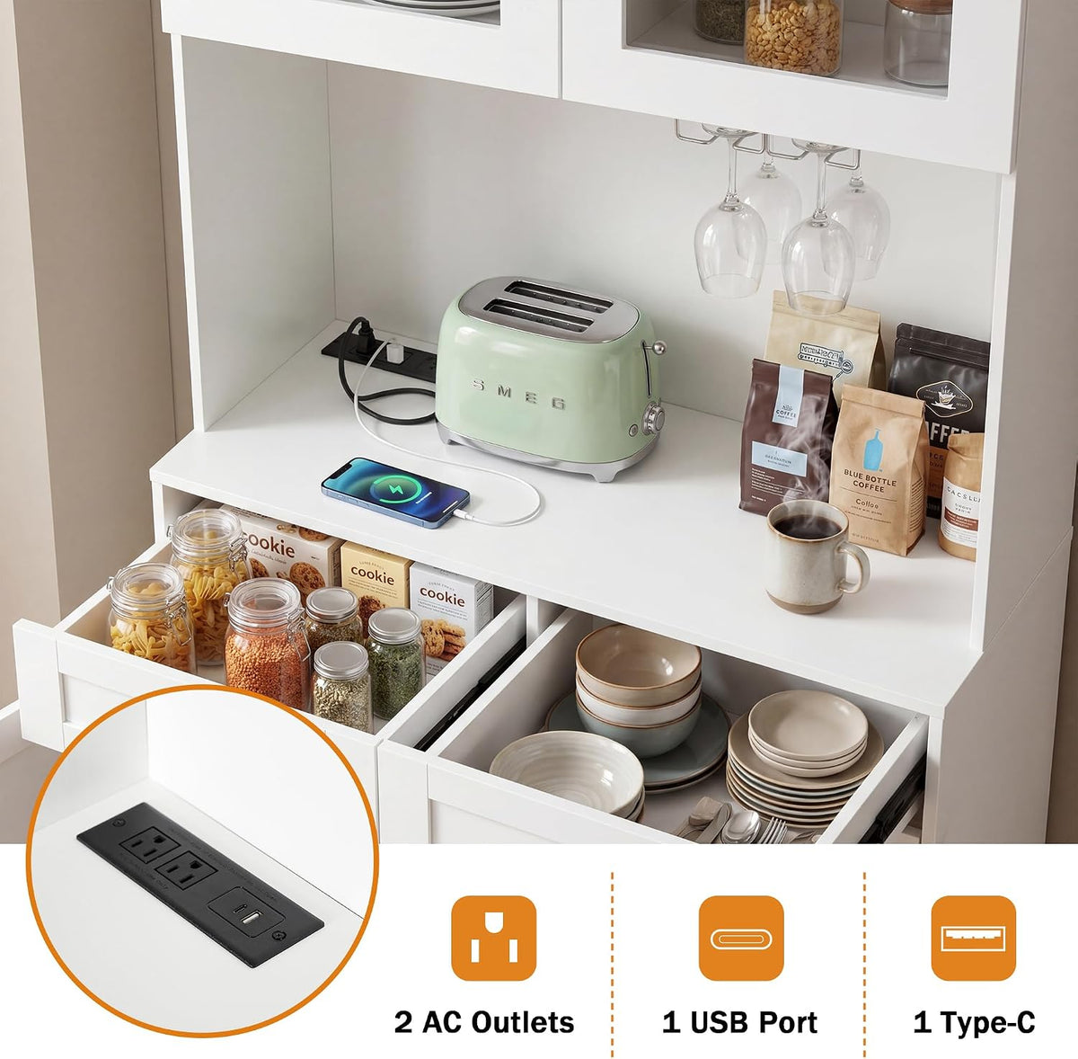 75" Farmhouse Tall Arched Pantry Cabinet with Charging Station & Bar, White | Adjustable Shelves, Open Countertop for Coffee Bar, empered Glass Door, Barn Door Lower Cabinet, Smooth-Glide Drawer
