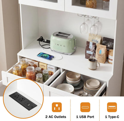 75" Farmhouse Tall Arched Pantry Cabinet with Charging Station & Bar, White | Adjustable Shelves, Open Countertop for Coffee Bar, empered Glass Door, Barn Door Lower Cabinet, Smooth-Glide Drawer
