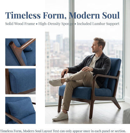 Komene Mid Century Modern Accent Chair Sitting Chair with Solid Wood Frame, Upholstered Living Room Lounge Armchair with Waist Cushion, Comfy Reading Chair for Bedroom Sunroom Office,Blue