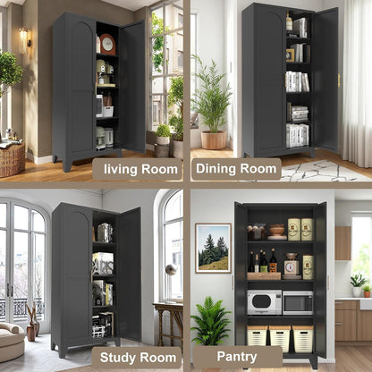 RYH Metal Pantry Cabinet with Doors & 3/4 Shelves, Kitchen Storage Cabinet, Large White Utility Cupboard for Kitchen, Dining Room, Office, Living Room (Black, 70.87" H×31.5" W×15.7" D)
