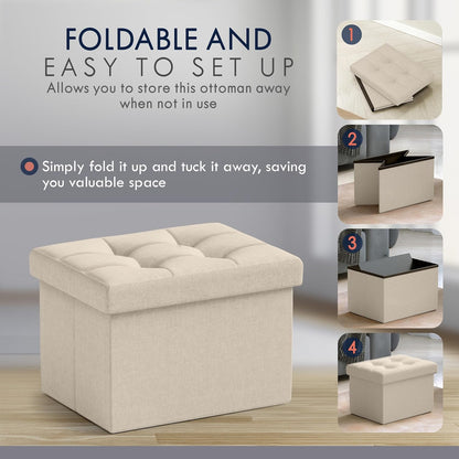 Ornavo Home Small Storage Ottoman Foldable Collapsible Rectangle Linen Ottoman Foot Rest Stool Seat, for Living Room, Bedroom, Home Office, Dorm - 12 x 16 x 12, Beige
