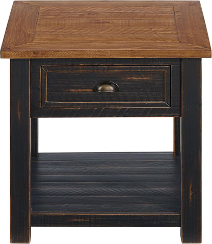 Monterey Farmhouse Rustic End Table, Solid Pine Wood Coastal Side Table with Drawer and Shelf. Black and Honey.