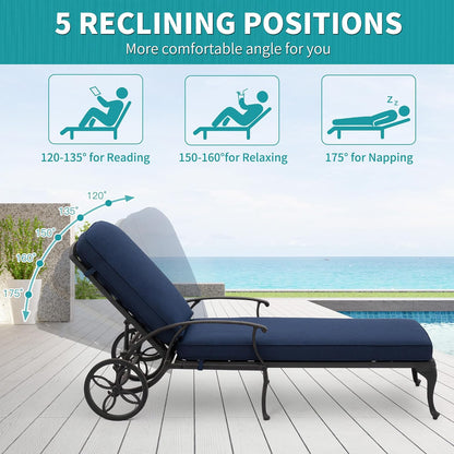 HOMEFUN Chaise Lounge Chair Outdoor - Poolside Chairs Set of 2 with Cushion Cast Aluminum Waterproof Lounger with Wheels and Adjustable Reclining, Pack of 2 (Navy Blue Cushion)