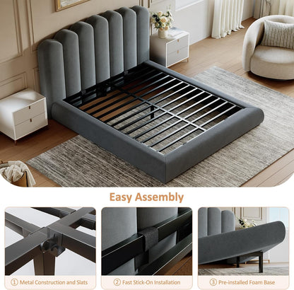 Queen Size Cloud Bed Frame with Wave Headboard, Plush Foam Upholstered Platform, Soft Rounded Safety Corners, No Box Spring Required, Noise-Free, Easy Assembly, Grey