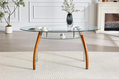 62.87" Glass Dining Table for 4-6, Modern Oval Dining Room Table with 0.39" Tempered Glass Top and Storage Shelf, Kitchen Dinner Table with Silver Electroplated Metal & Solid Rubber Wood Legs