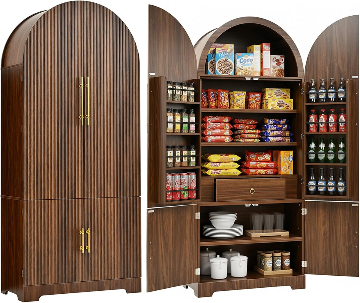 72" Tall Arched Kitchen Pantry Cabinet with Fluted Doors & 8 Shelves, Brown | Storage Cabinet with 3 Adjustable Shelves & Hidden Drawer, Versatile for Kitchen, Dining Room, Bathroom, Office