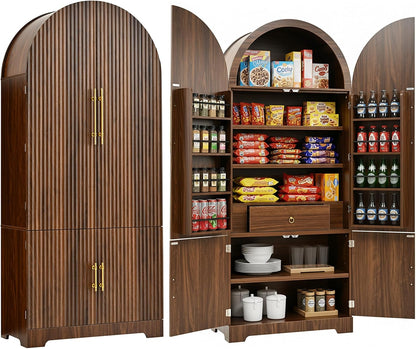 72" Tall Arched Kitchen Pantry Cabinet with Fluted Doors & 8 Shelves, Brown | Storage Cabinet with 3 Adjustable Shelves & Hidden Drawer, Versatile for Kitchen, Dining Room, Bathroom, Office