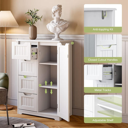 Gizoon Small Pantry with Door and Shelves, 33'' Kitchen Pantry Storage Cabinet Freestanding Samll Coffee Bar Cabinet with 4 Drawers for Kitchen and Dining Room, White, Painted