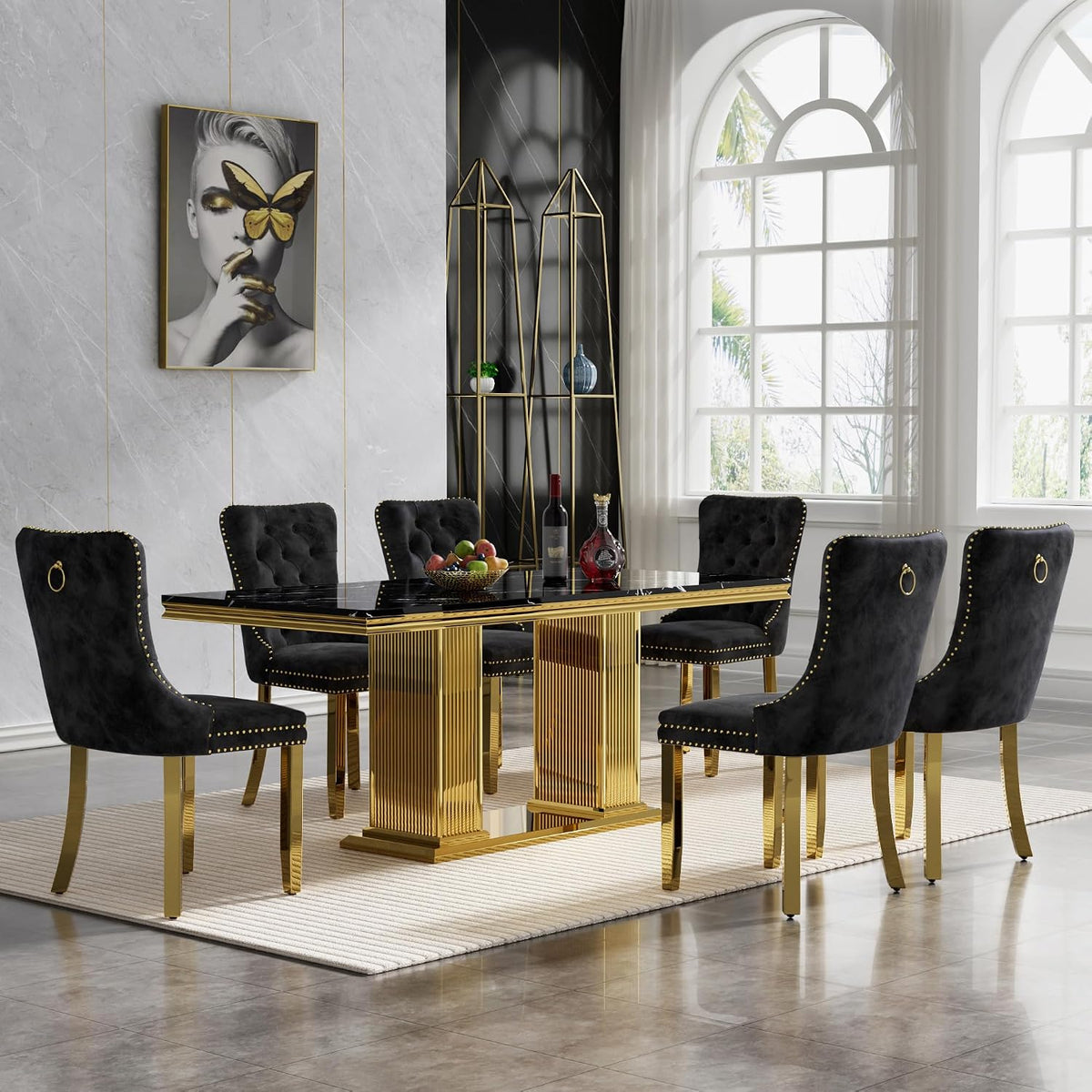 Black Marble Dining Table Set for 6,68 inch Black Marble Table with Golden Double Column Stainless Steel Base, Faux Marble Kitchen Table and Velvet Chairs Set of 6, Dining Room Table Set for 6
