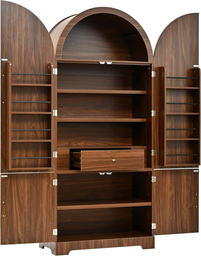 72" Tall Arched Kitchen Pantry Cabinet with Fluted Doors & 8 Shelves, Brown | Storage Cabinet with 3 Adjustable Shelves & Hidden Drawer, Versatile Cupboard for Kitchen, Dining Room