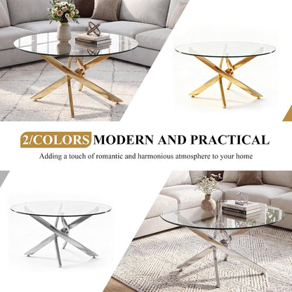 Round Glass Coffee Table Set 3-Piece, Silver Stainless Steel Frame | 35.4" Coffee Table + Two 23.6" End Tables Space-Saving Set for Living Room, Office, Reception