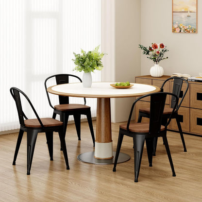18 Inch Metal Dining Chairs Set of 4 Farmhouse Kitchen Chairs with Wooden Seat and Metal Backrest Stackable Black Dining Room Seating