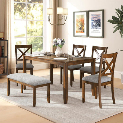 Zevemomo 6-Piece Wooden Dining Table Set, Wooden Legs Dining Table, Walnut | Dining Table Set for 6, Including 1 Dining Table, 4 Upholstered Chairs and 1 Bench, Table Set for Dining Room & Kitchen
