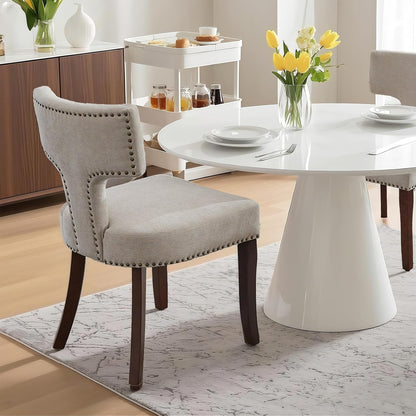 Mid Century Modern Farmhouse Dining Chairs Set of 2, Linen Upholstered with Curved Backrest & Copper Nail Trim, Hardwood Frame, Beige