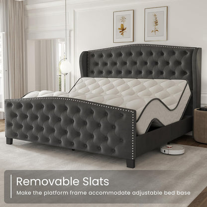 LARMACE Queen Size Bed Frame Velvet Upholstered Platform Bed with Wingback Headboard & Footbaord, Deep Button Tufted Bed Frame with Wood Slats Support, No Box Spring Needed, Grey
