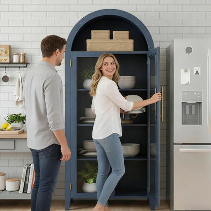 IDEALHOUSE Arched Kitchen Pantry Storage Cabinet - Farmhouse 5-Tier Display Shelf with 2 Large Glass Doors and Adjustable Shelf, Versatile Cupboard for Kitchen, Dining Room, Living Room, Night Blue