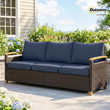 Outsunny 3 Seater Outdoor Couch Sofa, PE Wicker Patio Couch with Wide Deep Seating, 4" Foam Cushions, Wood-Effect Armrests and Legs, Patio Sofa Furniture for Garden, Backyard, Porch, Dark Blue