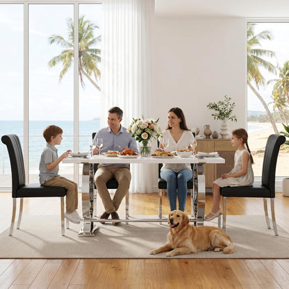 Asday 60" White and Silver Dining Table for 4-6, Modern Rectangle Wood Kitchen Table with Mirrored Chrome U-Shaped Metal Base for Dining Room, Kitchen, Dinner