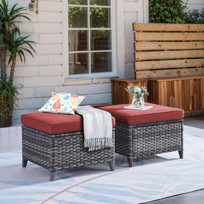 Outdoor Ottoman Set of 2 - PE Wicker Rattan Ottoman Patio Footstool for Deck Porch Balcony Garden - Grey/Red