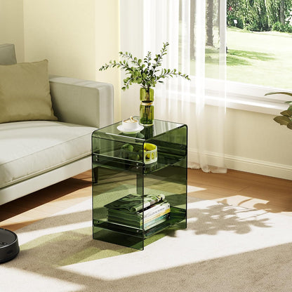 Acrylic Record Player Table with Storage Shelf, Clear Side Table Nightstand (Green, Medium)