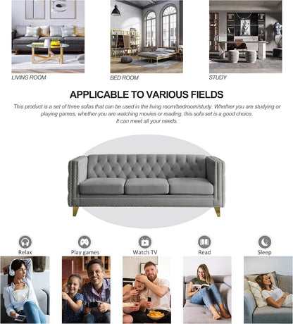 mikibama 80.5" Velvet 3 Seater Sofa Couch for Living Room,Button Tufted 3-Seat Couches with Nailhead Trims,Modern Upholstered Sofas with Golden Metal Legs for Bedrooom,Office