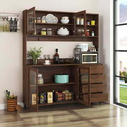 63" W Large Kitchen Hutch Cabinet,Freestanding Pantry Cabinets Storage Kitchen Cupboard with 4 Doors,4 Drawers and Microwave Shelf,Walnut