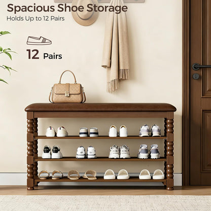 Homleke Solid Wood Shoe Storage Bench with Cushion,Classic Turned Ball Legs | 3-Tier Tall Entryway Bench with Leather Seat, Holds Up to 12 Pairs, for Hallway and Bedroom, Walnut, 39.4 Inch
