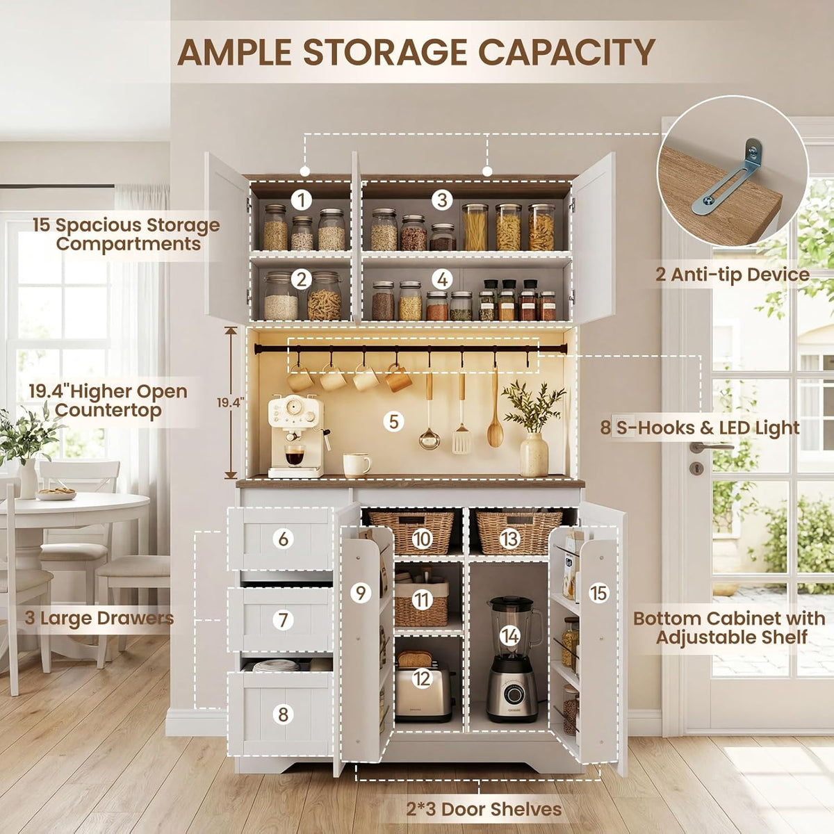 70.8" Tall Pantry Cabinet with LED & Charging Station, Freestanding White Kitchen Storage Cabinet with Spacious Countertop, Adjustable Shelves and Door Side Racks for Dining Living Room