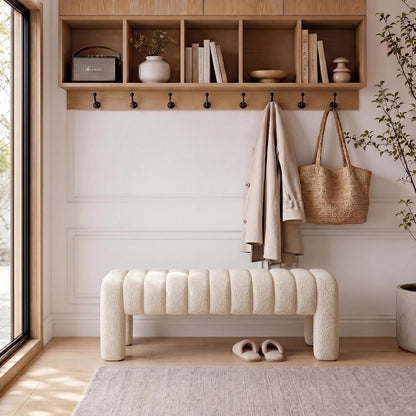 43’’ Bedroom Bench, Upholstered End of Bed Bench with Solid Wood Legs, Modern Small Dining Bench with Full Covered Fabrics for Entryway, Bedroom, Living Room (Beige, Linen)