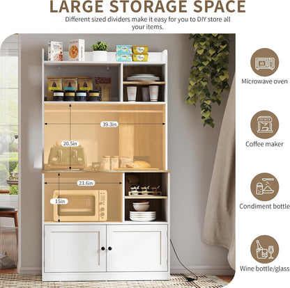 71" Kitchen Pantry Storage Cabinet, Microwave Stand with Storage & Bakers Rack with Power Outlet and Countertop for Living Room, Dining Room, White