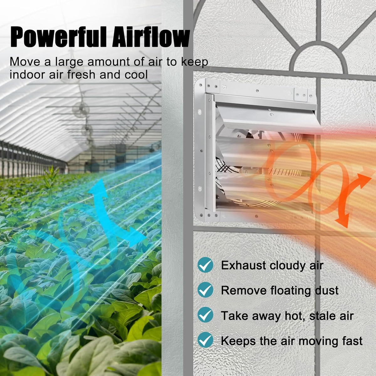 12 Inch Shutter Exhaust Fan for Garage, Greenhouse, Attic, Chicken Coop, Shop, Shed, Basement Ventilation, 970 CFM 1680RPM High Speed Wall Mounted Vent Fan with ON/OFF Switch 1.8M Power Cord Kit