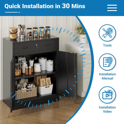 Metal Storage Cabinet, 36" Locking Steel Cabinet with 1 Drawers and 1 Adjustable Shelves for Garage, Home, Office, Kitchen (Black, 36" H x 28" W x 16" D)